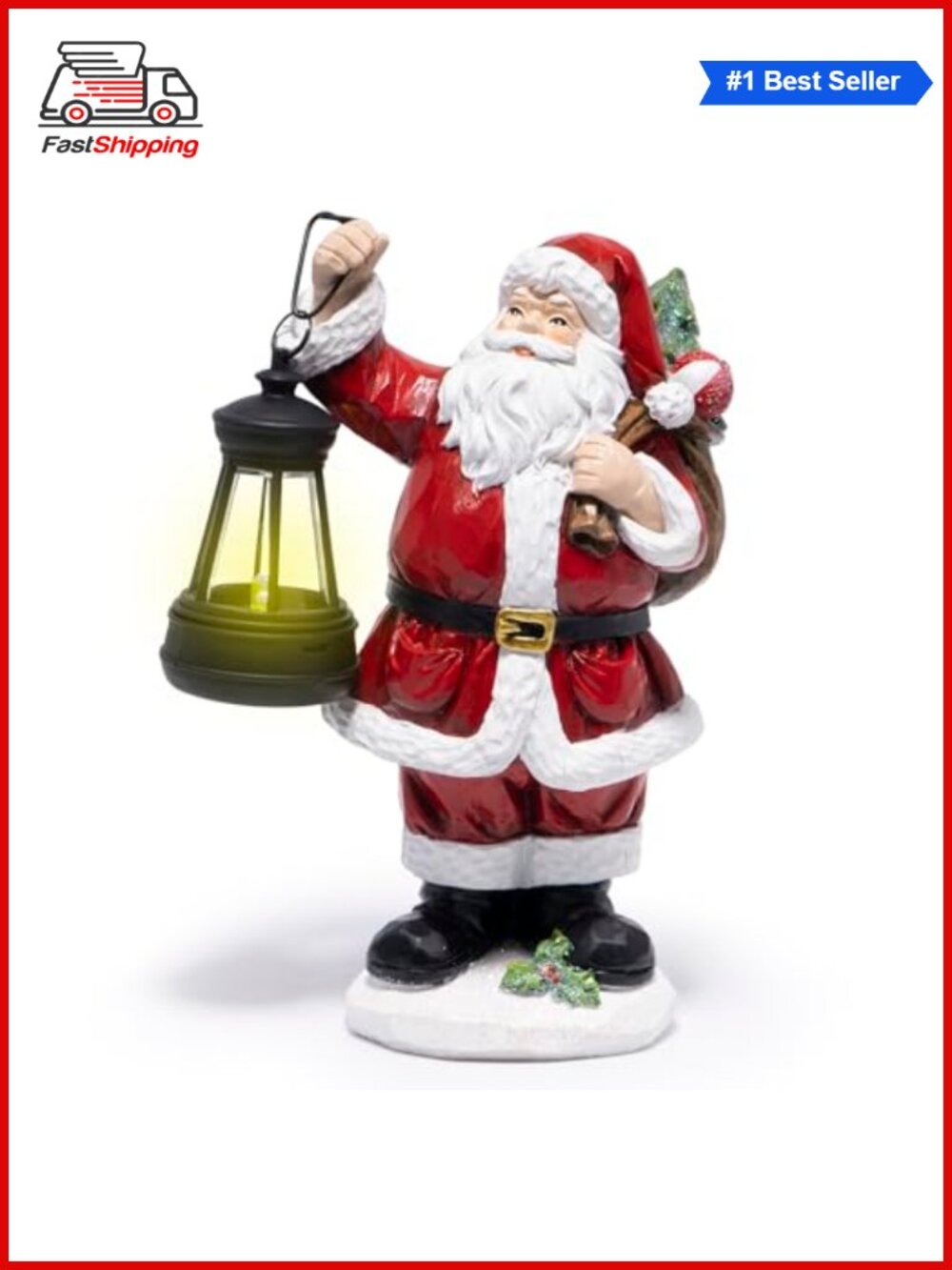 🎅 Hand-Painted Resin Santa Figurine Holding Lantern & Gift Bag Christmas Decor